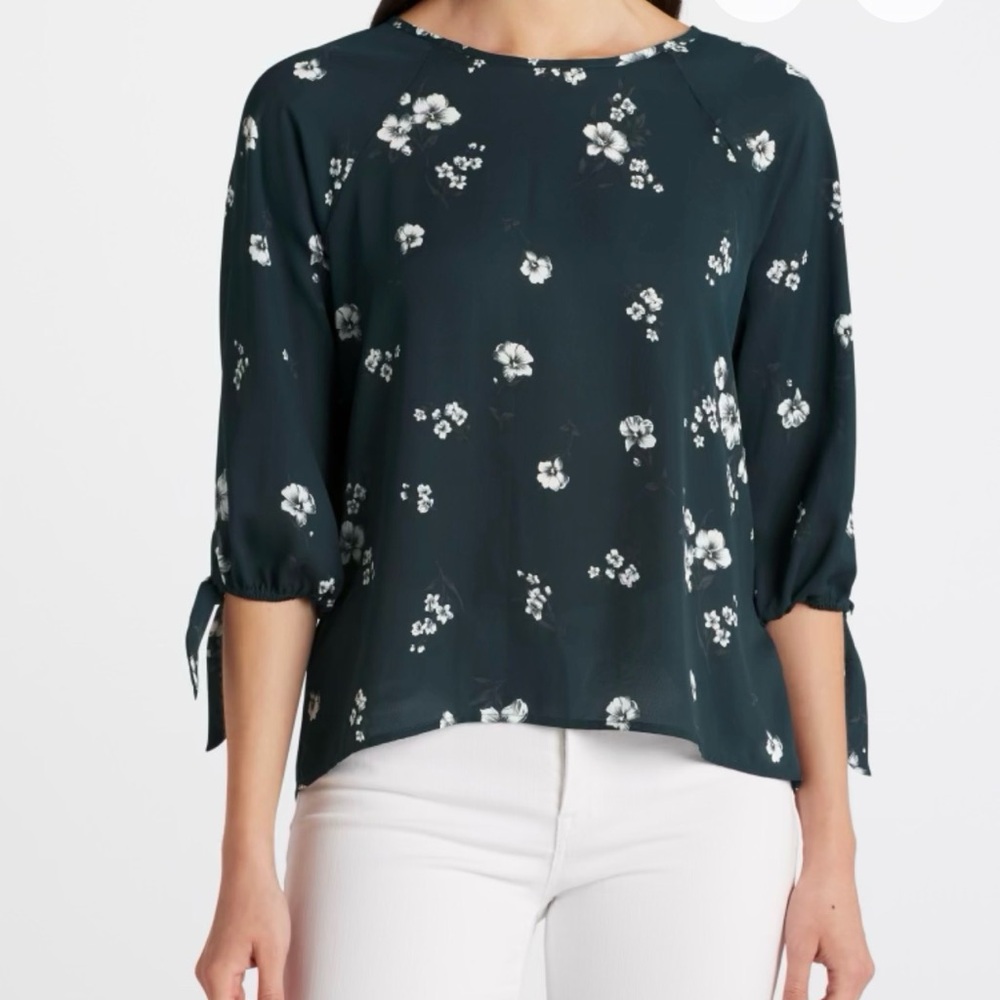 Teal green and floral tie sleeve blouse